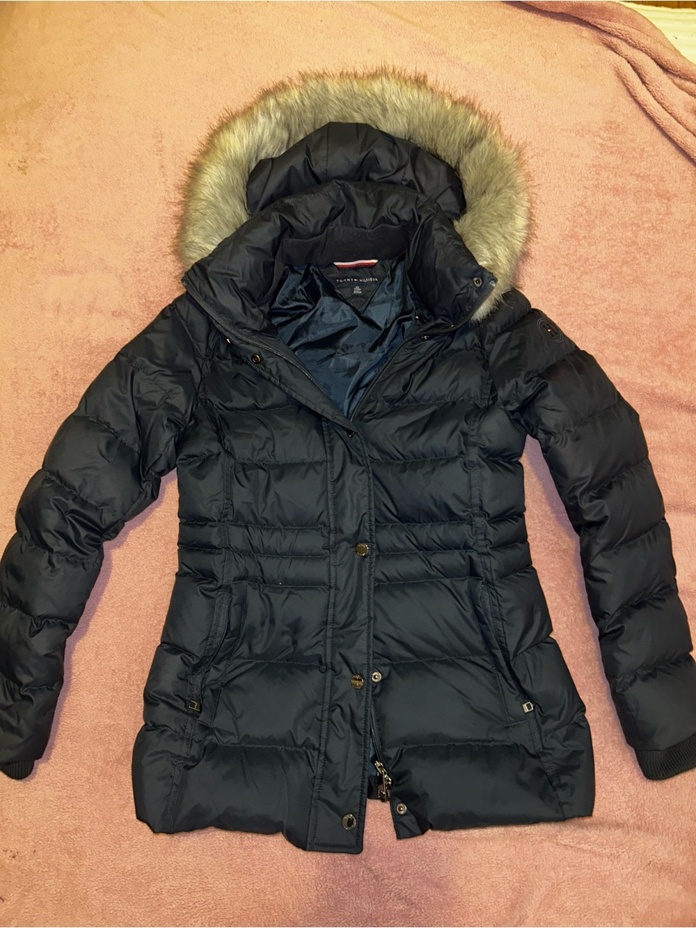 Tommy Hilfiger Black Quilted Puffer Coat with Faux-Fur Hood